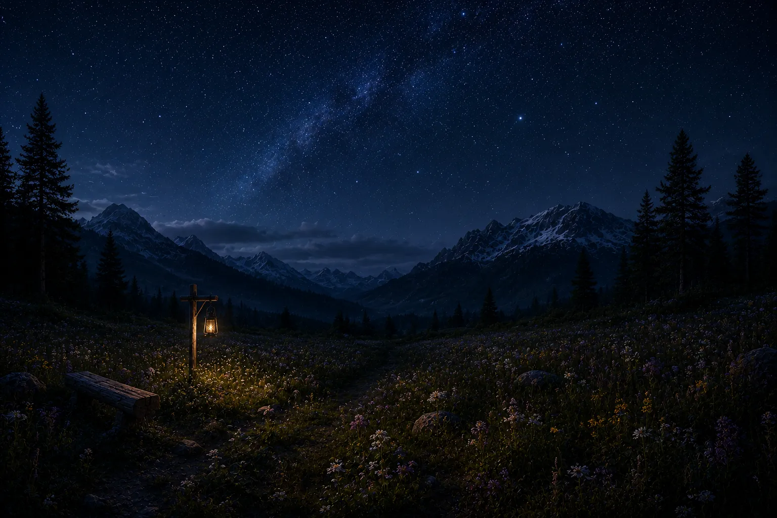 Sterren boven een stille bergweide in de nacht