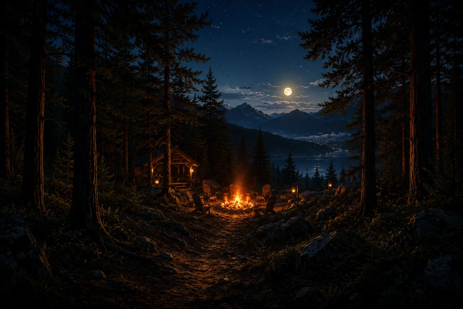 Kampvuur in de nacht met zachte vuurgloed